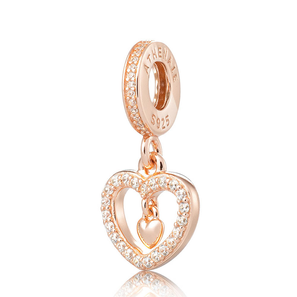 Sparkling rose gold heart dangle charm front view in 925 sterling silver