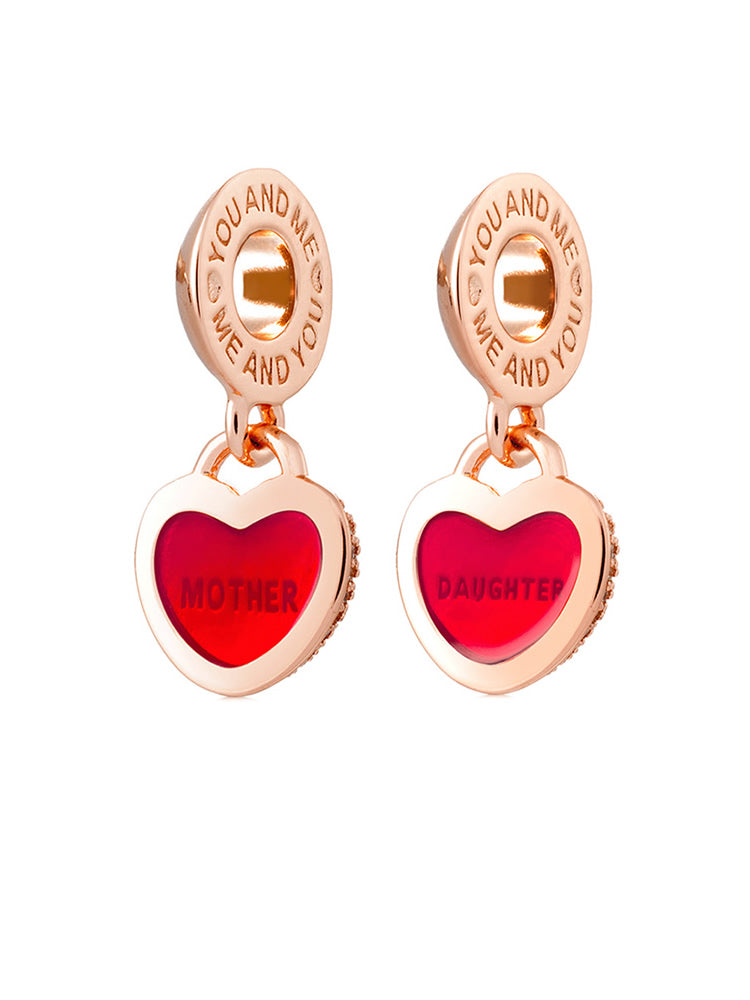 Rose gold mother and daughter heart 925 sterling silver dangle charm front view