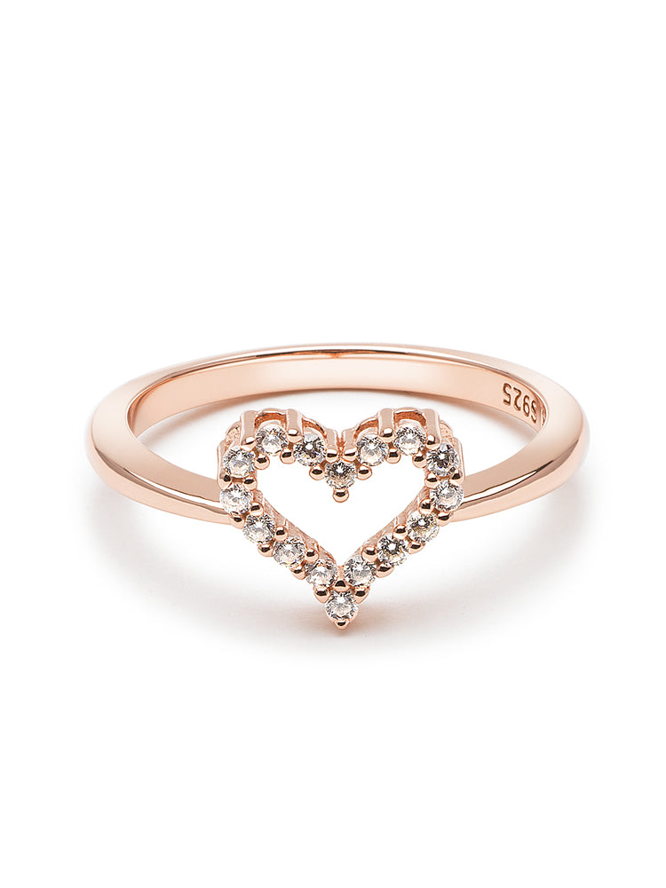 Rose gold open heart ring 925 sterling silver front view