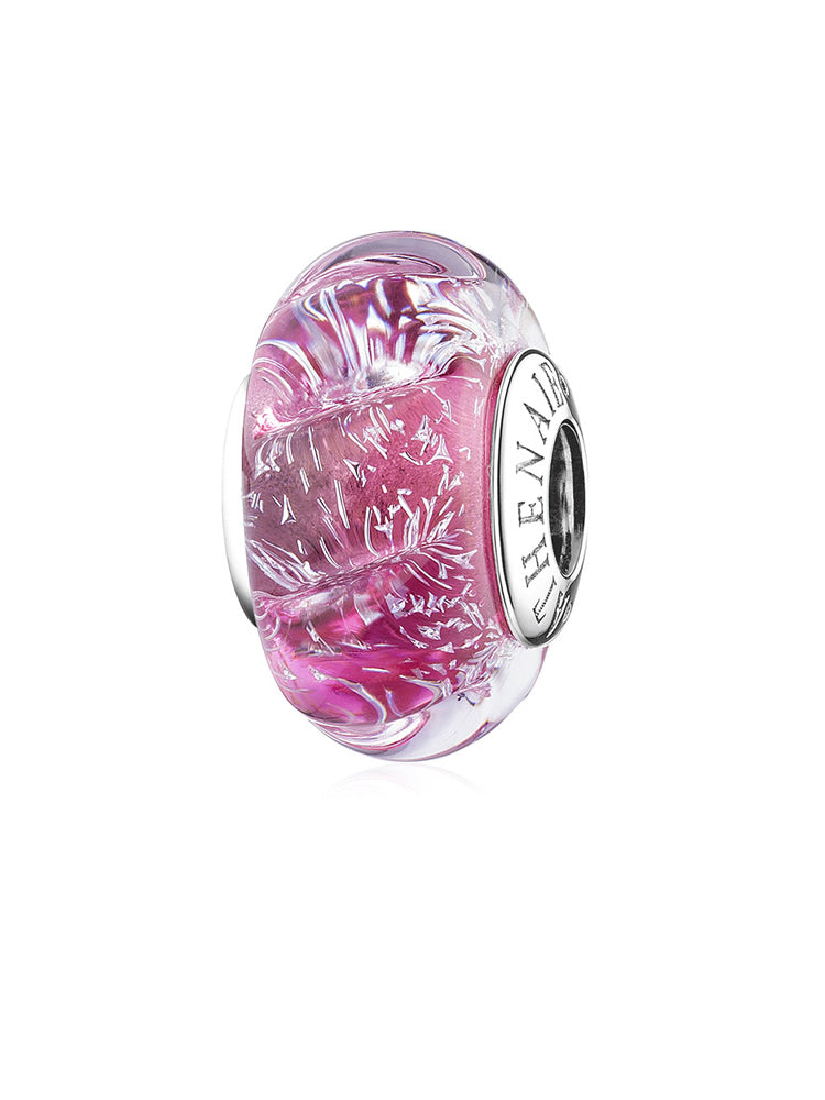 Rose pink wave Murano glass bead with a 925 silver core, front view