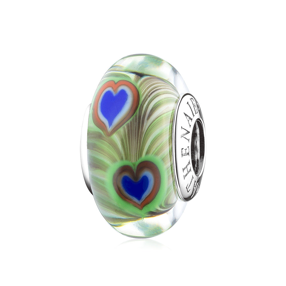 Royal Feather Murano glass charm bead with 925 silver core, front view.