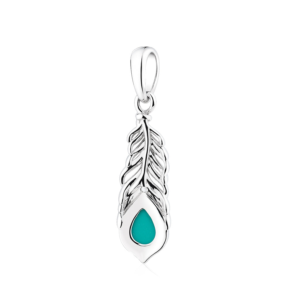 Turquoise Feather CZ pendant charm displayed in decorative background scene.