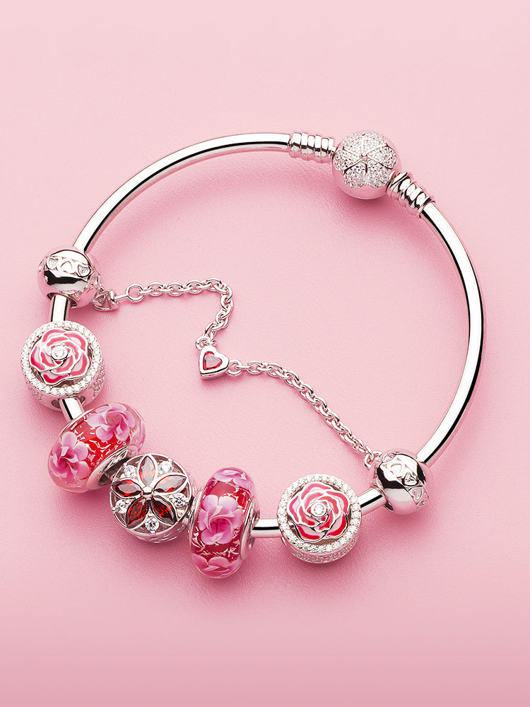 Ruby petals charm bead bracelet styling with silver charms