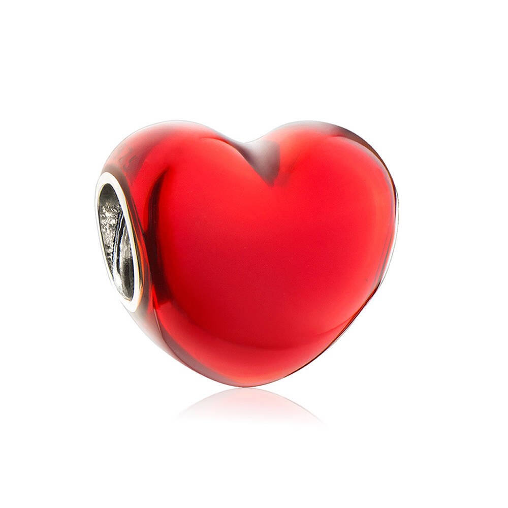 Ruby Heart enamel charm bead made of 925 sterling silver, front view.