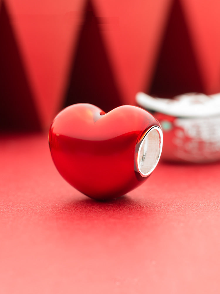 Ruby heart enamel charm bead styled on European charm bracelet