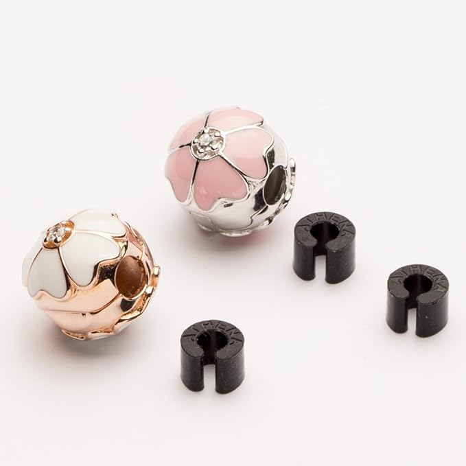 Lifestyle view of Sakura Bloom fixed clip charm in 925 silver, with enamel cherry blossom petals and zirconia sparkle