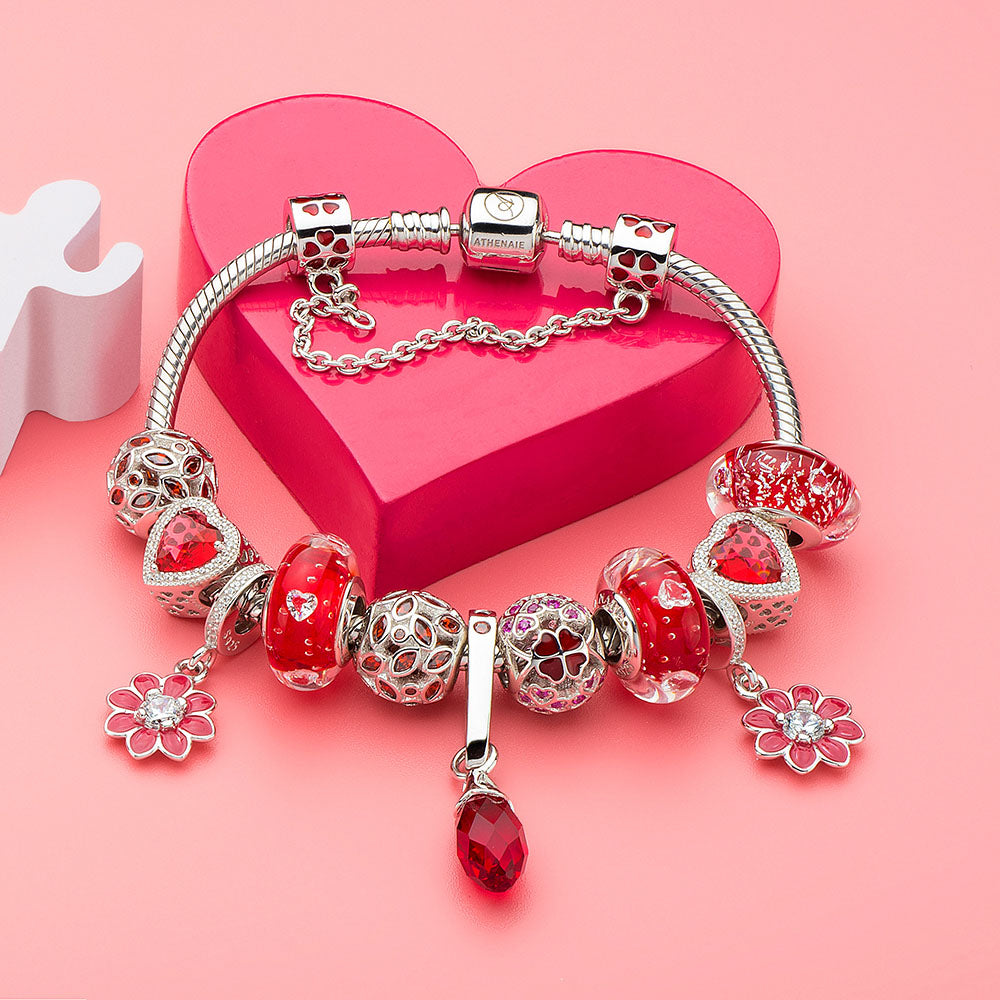 Scarlet Bloom charm styled on silver European bracelet with red CZ beads