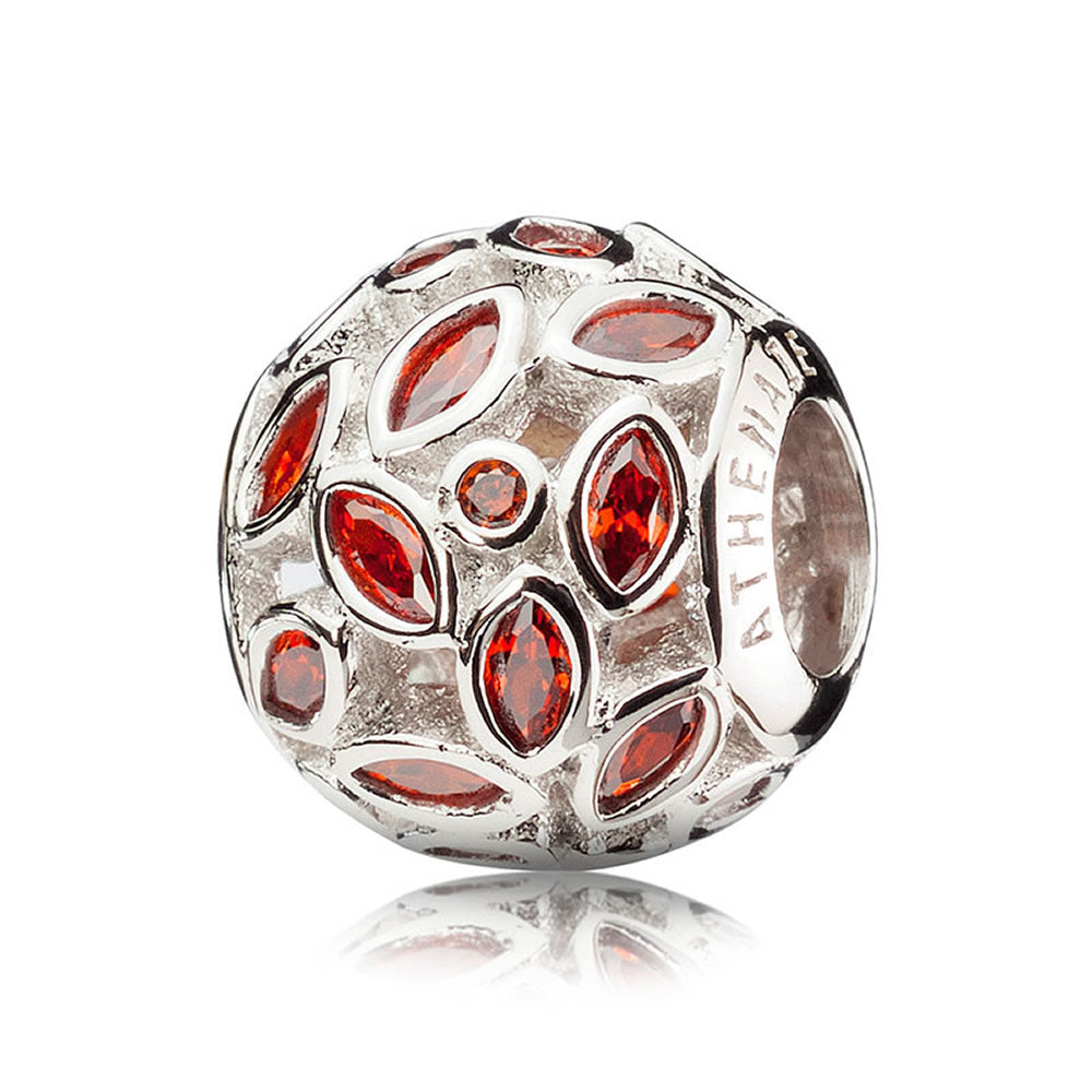 Front view of Scarlet Bloom red CZ sterling silver charm bead for bracelets