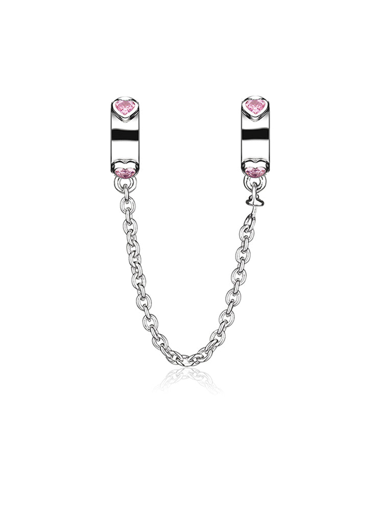 Pink heart 925 sterling silver safety chain with pink CZ dangle