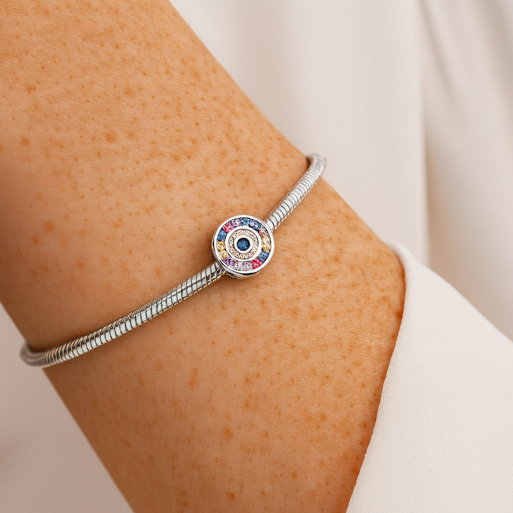 Model wearing Silver Aurora charm bead 925 sterling silver bracelet