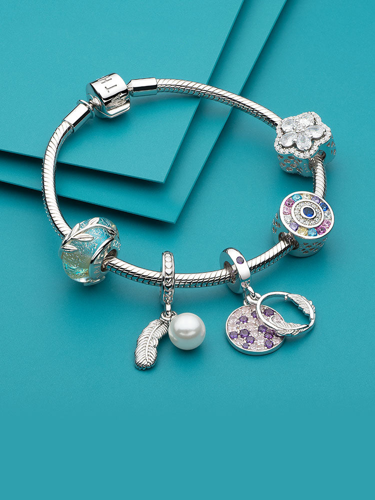 Sterling silver pearl feather charm bracelet look