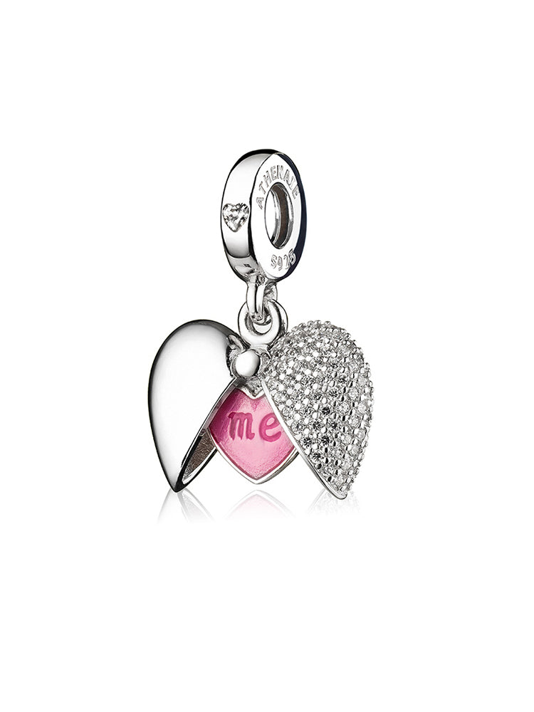 sterling silver split heart dangle charm with pink enamel and engraved me detail