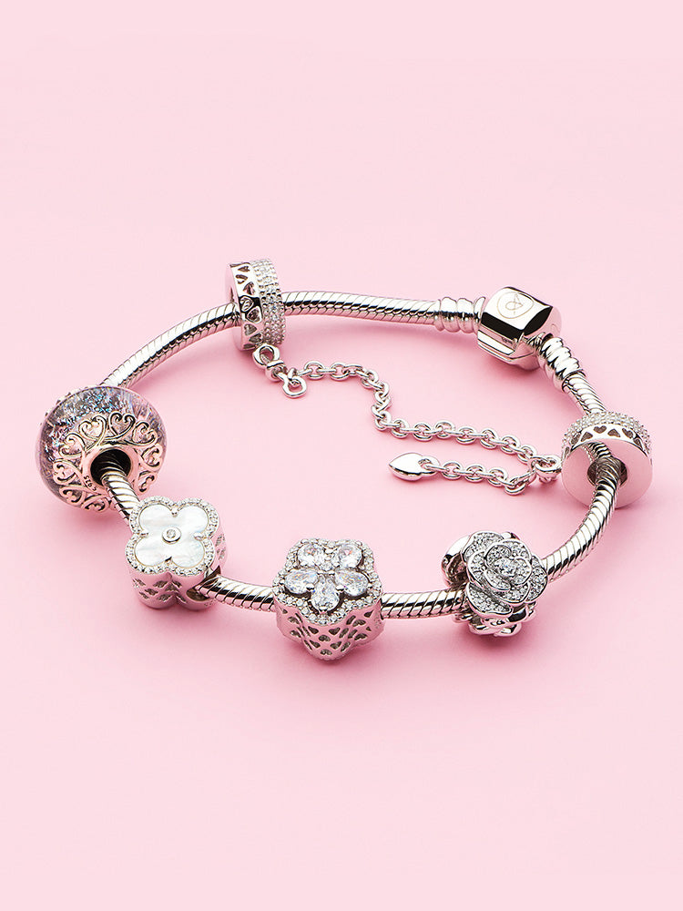 Sterling silver Sparkling Petals charm bead bracelet styling