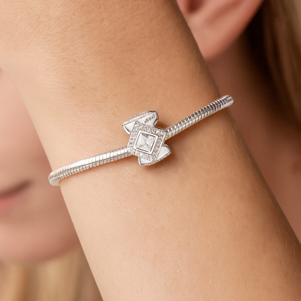 Model wearing Silver Prism charm bead 925 sterling silver bracelet