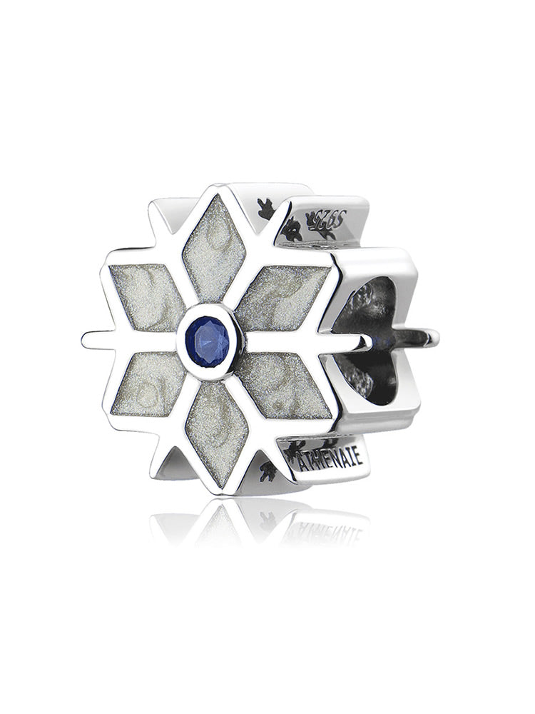 Silver snowflake enamel charm bead in 925 sterling silver side view by ATHENAIE