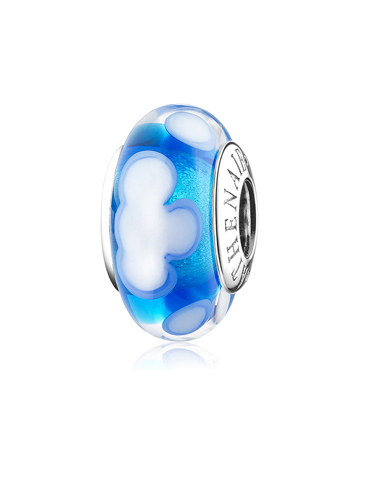 Sky blue and white cloud Murano glass bead with a 925 silver core, front view