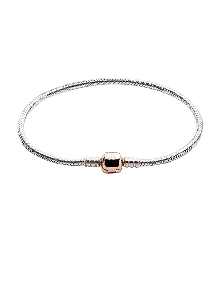 925 sterling silver snake chain bracelet with rose gold clasp front view