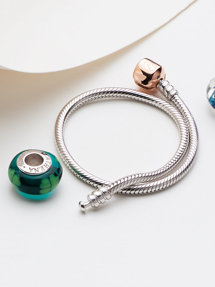 925 sterling silver snake chain bracelet with rose gold clasp and charms