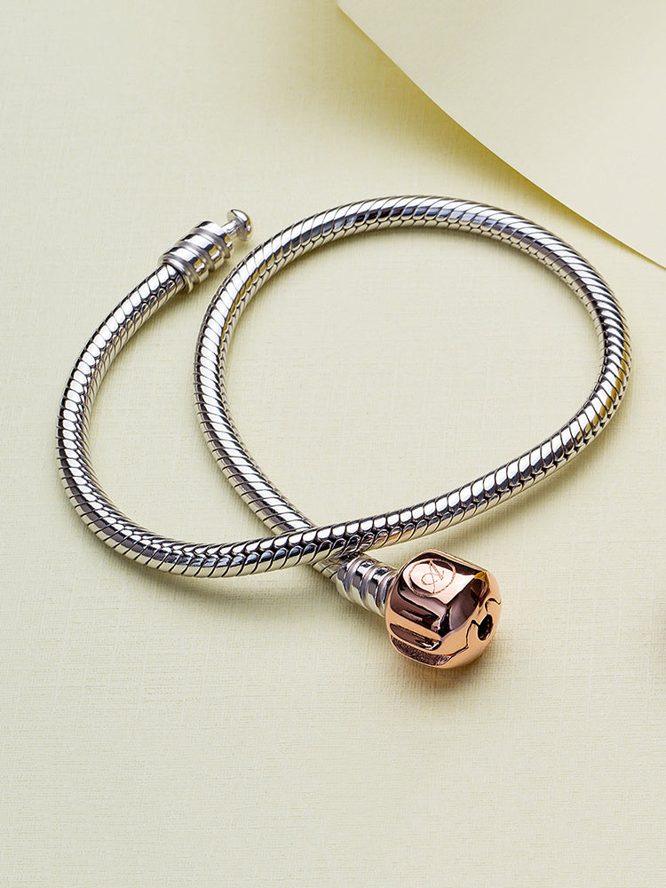 Sterling silver snake chain charm bracelet with rose gold clasp styling
