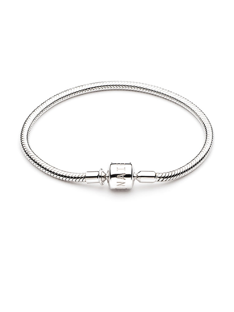Snake chain charm bracelet with engraved barrel clasp in 925 sterling silver, front view