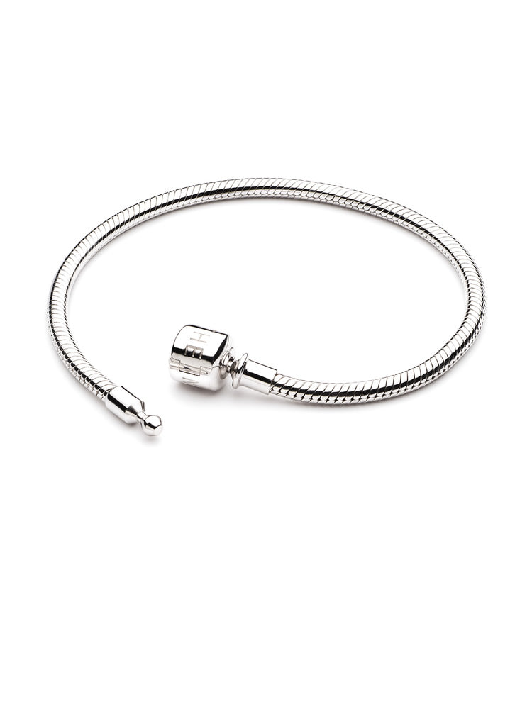 Snake chain charm bracelet with engraved barrel clasp, another angle