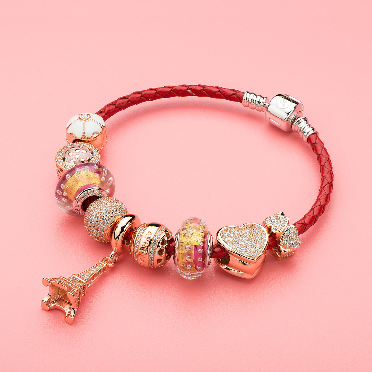 Snow Sakura charm styled on complete ATHENAIE bracelet with coordinating pastel floral beads