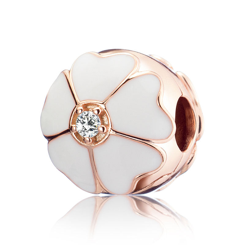 Snow Sakura fixed stopper charm in silver-copper alloy with pink enamel, front view on white background