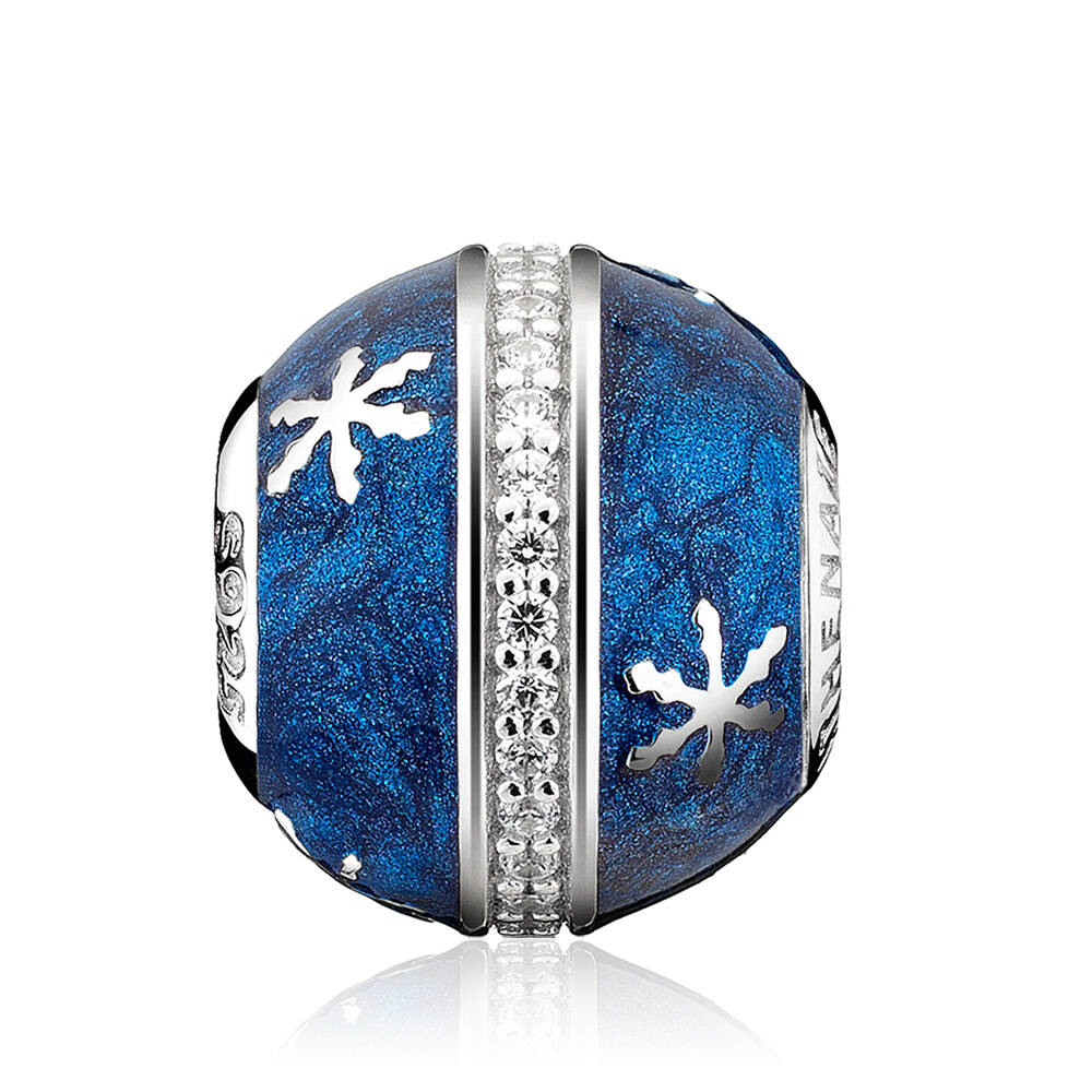 Side view of Snowy Night charm – 925 silver snowflake bead with blue enamel and CZ stones