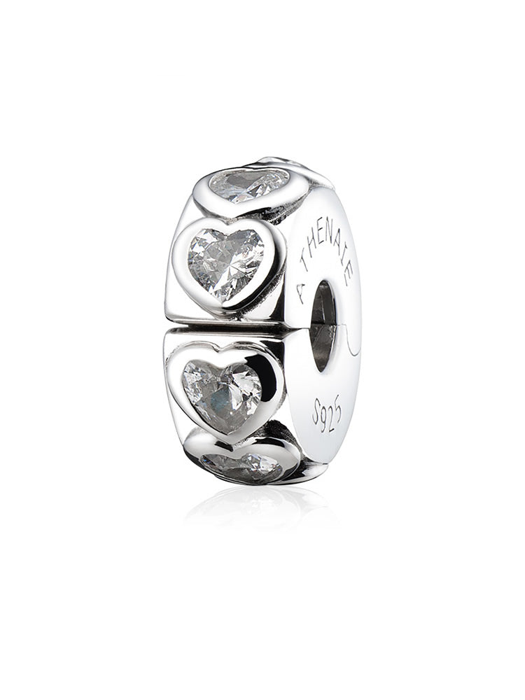Sparkling Heart Clip Charm in 925 sterling silver with pavé CZ stones for charm bracelets