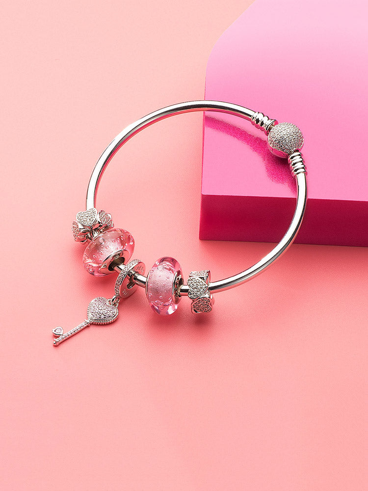 Sparkling heart sterling silver charm bead on bracelet