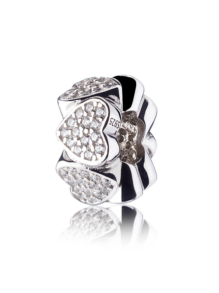 Sparkling heart sterling silver charm bead front view
