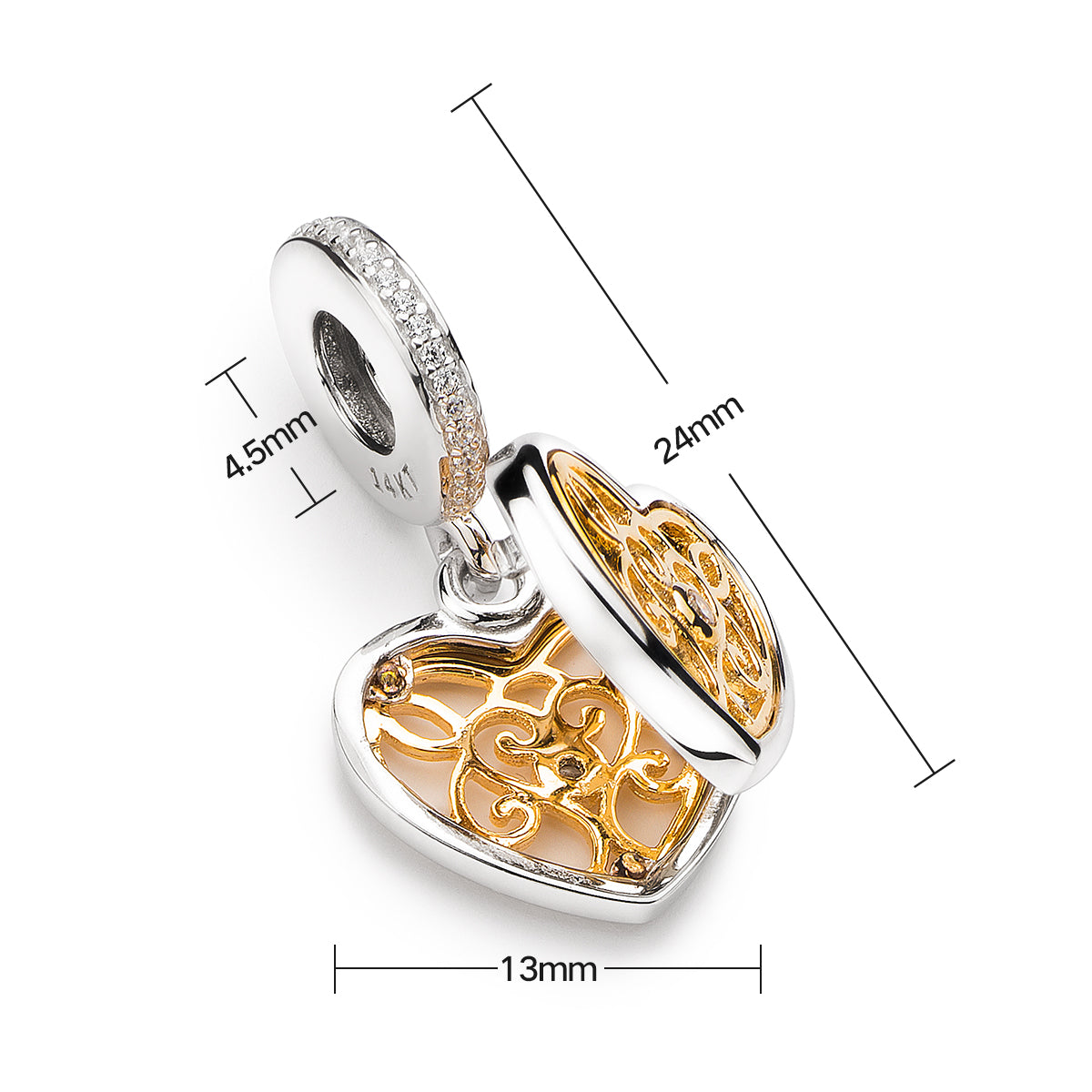 Size dimensions of openable heart charm pendant, 24mm height, 13mm width