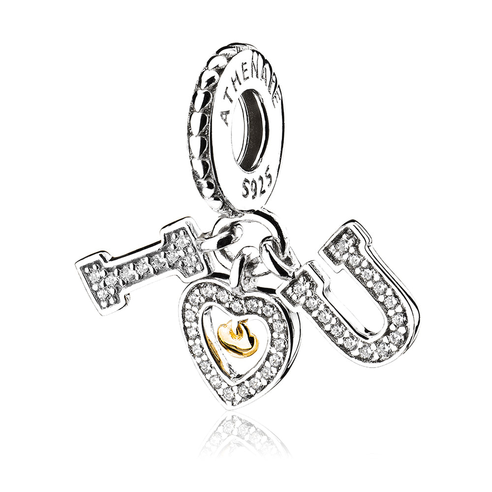 Love You Always heart charm front view in 925 sterling silver with CZ, suitable for bracelet or necklace