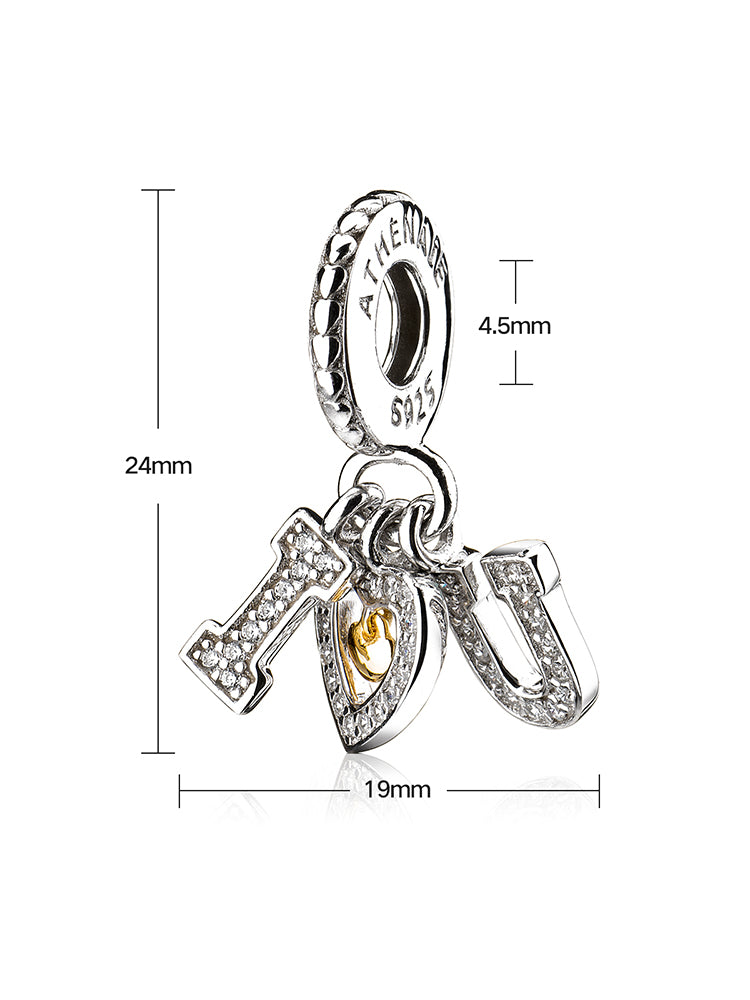 Size detail of love you dangle charm pendant