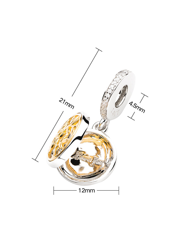 Size detail of openable round dangle charm pendant