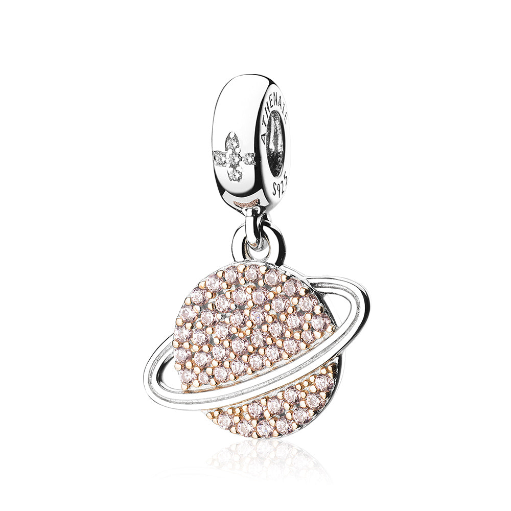 Starlit Sphere Saturn Pendant Charm made of 925 Silver with CZ Stones – Front View by ATHENAIE