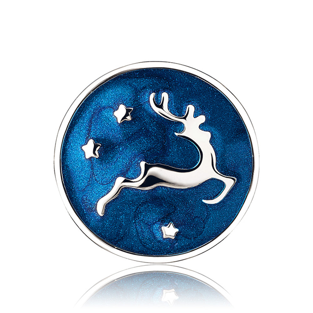 Starry Reindeer Christmas charm in 925 sterling silver with blue enamel – front product view