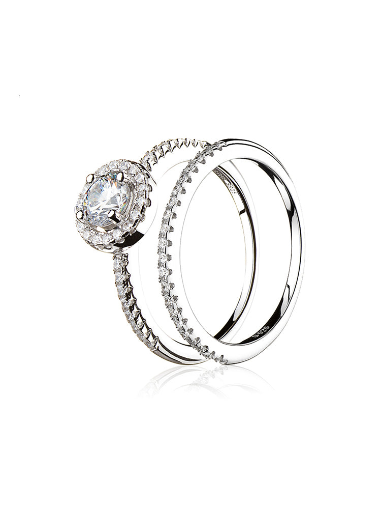 Sterling silver halo bridal ring set with cubic zirconia front view