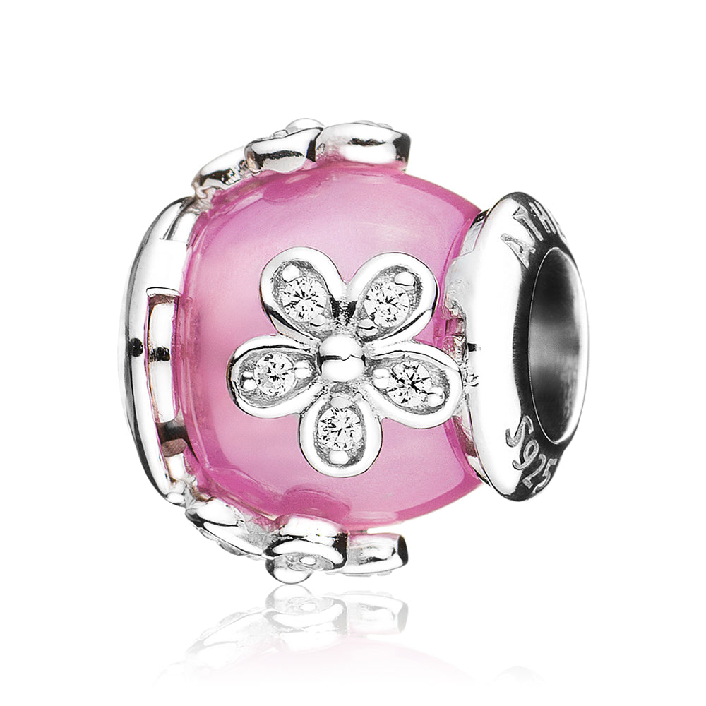 Sweet Blossom Magnolia Charm front view in 925 sterling silver with zirconia, compatible with European bracelets