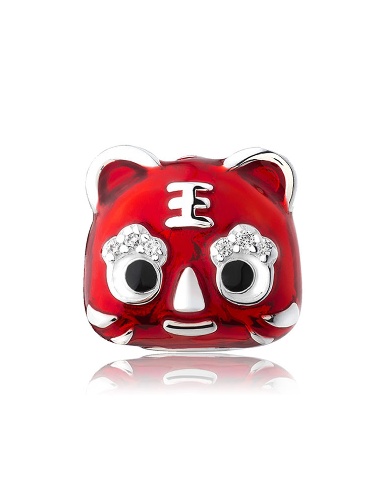 Lucky tiger charm bead front view sterling silver