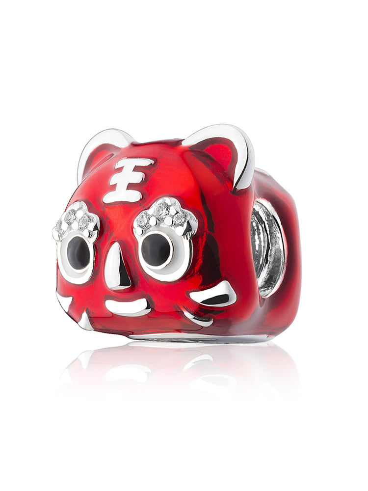 Lucky tiger charm bead side view in sterling silver with CZ by ATHENAIE