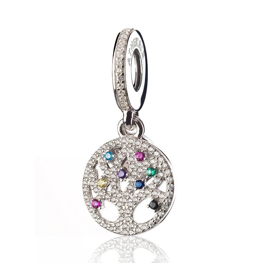 Tree of Life dangle charm in 925 sterling silver with colorful CZ stones, front view