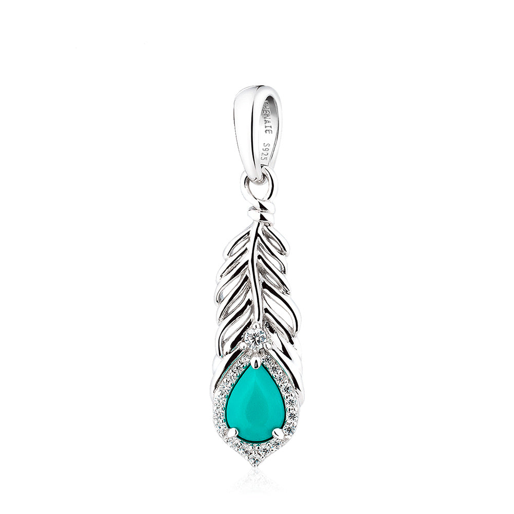 Turquoise Feather CZ pendant charm in 925 silver, front product view.