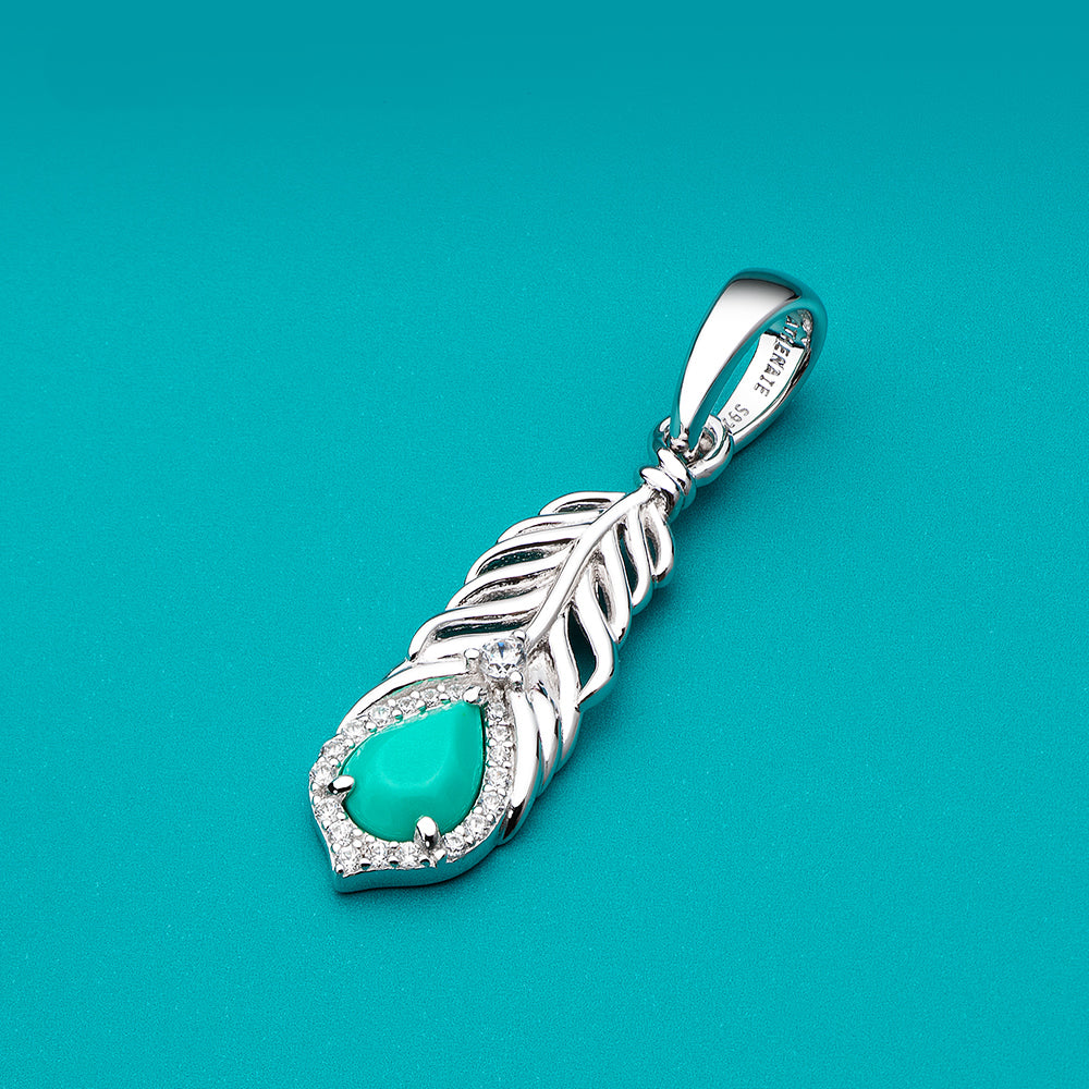 Turquoise Feather CZ pendant charm displayed with elegant scene design.
