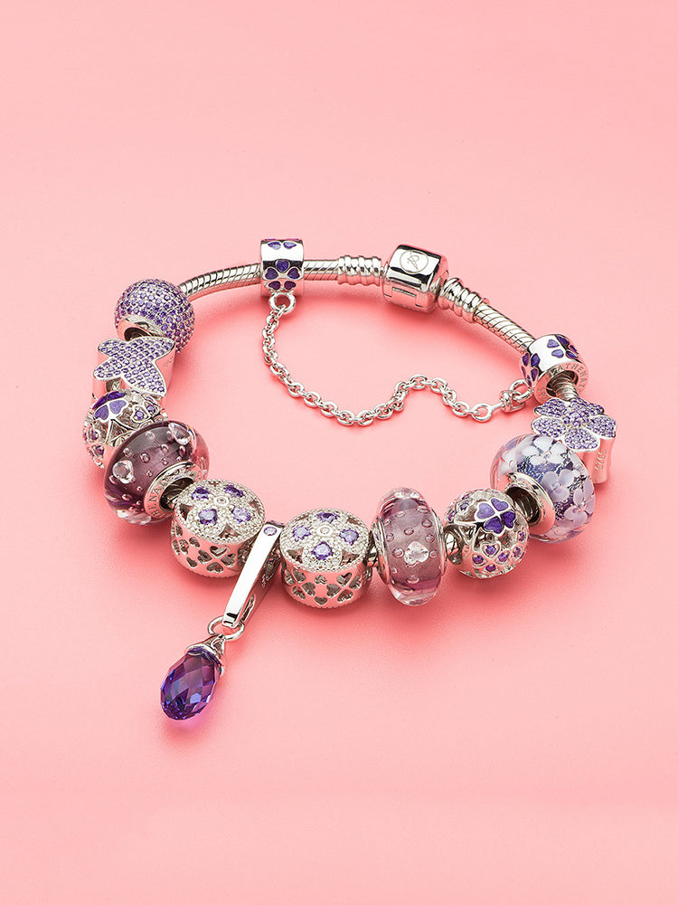 Violet clover charm bead paired with charm bracelet