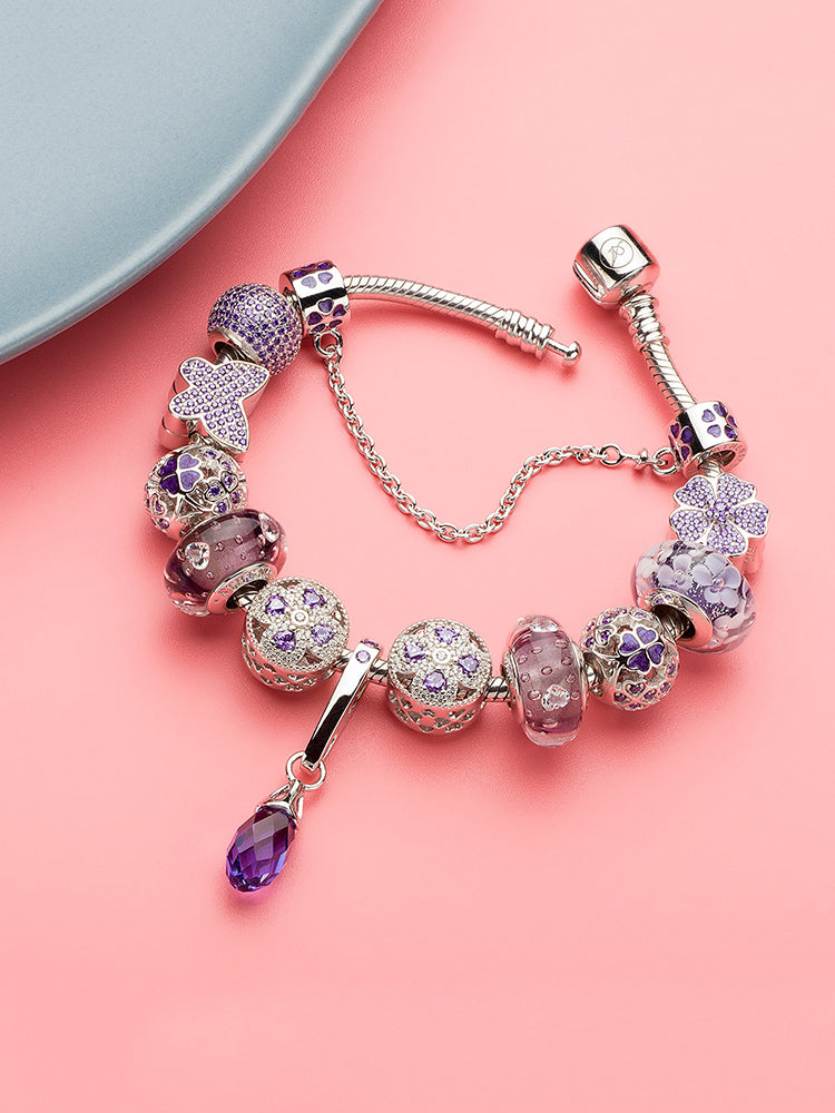 Bracelet look featuring violet clover lucky charm bead