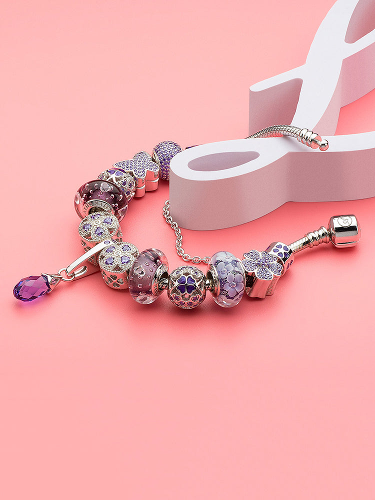 Lucky clover charm bead bracelet styling with violet clover charm
