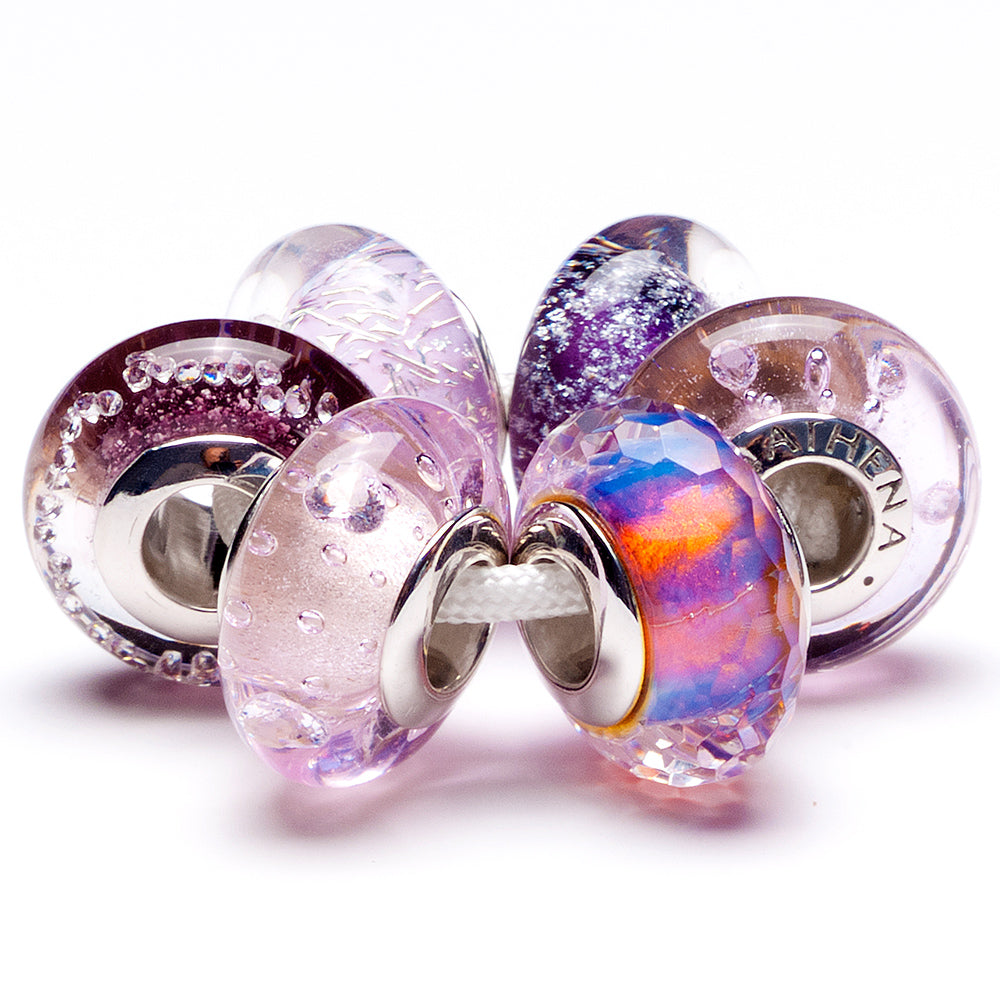Purple Murano glass charm paired with silver bracelet
