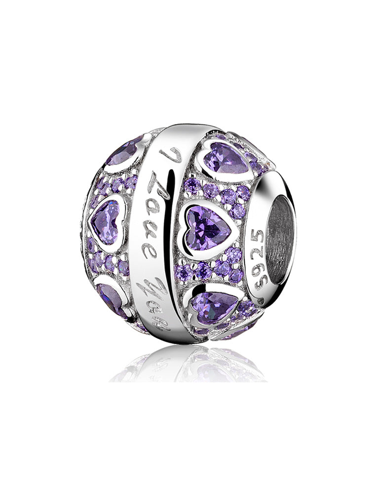 Side view of Violet Whisper purple heart charm bead in sterling silver