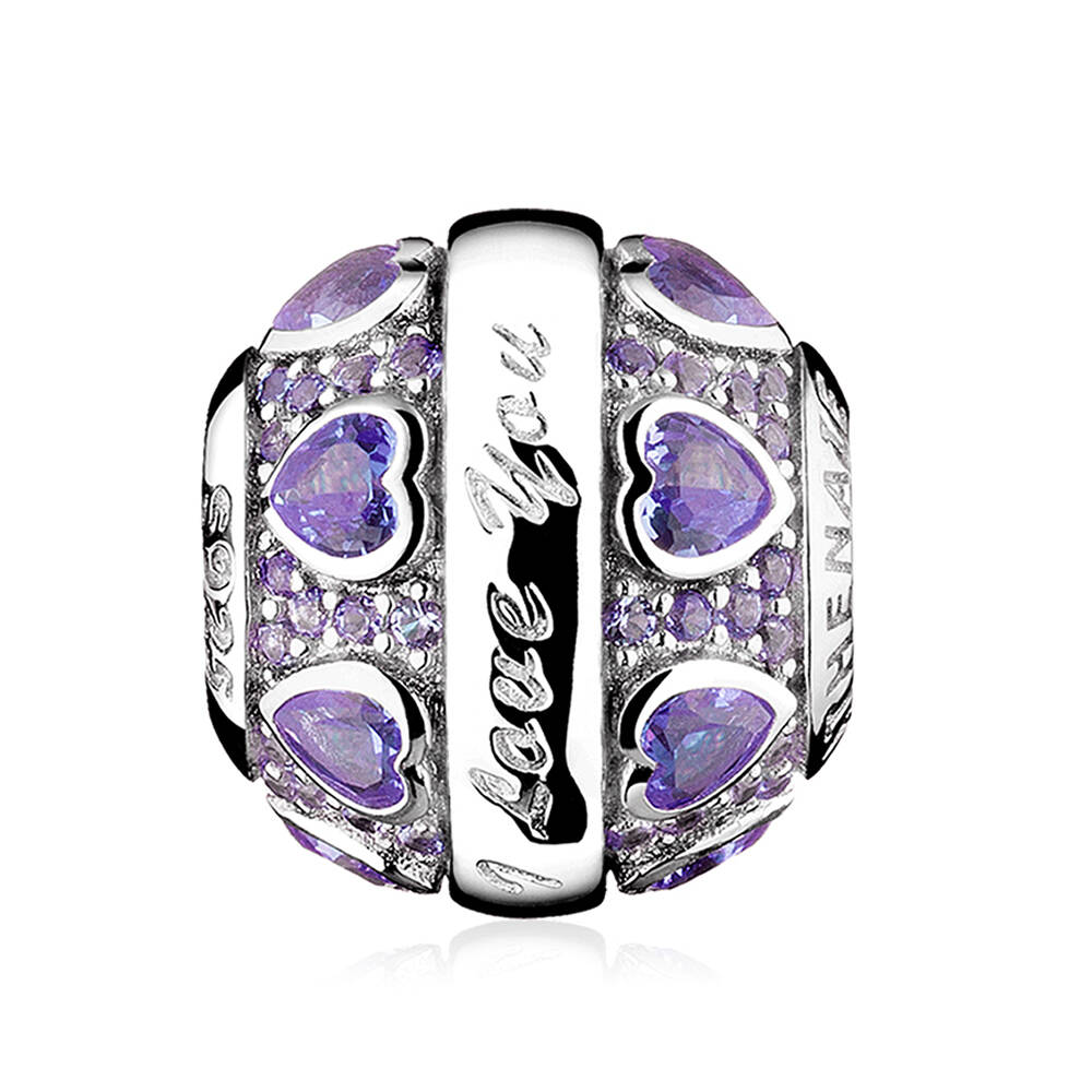 Violet Whisper purple hearts charm bead front view in 925 sterling silver, ATHENAIE jewelry
